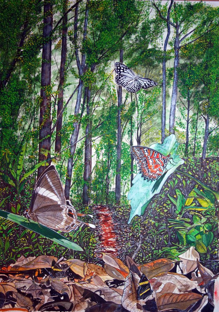 A painting entitled 'Butterflies on the Path at Doi Sutep-Pui National Park' by Ray Cannon
