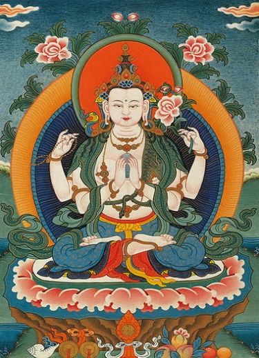 Four-armed Tibetan form of Avalokiteśvara holding lotus flowers. https://en.wikipedia.org/wiki/Avalokite%C5%9Bvara