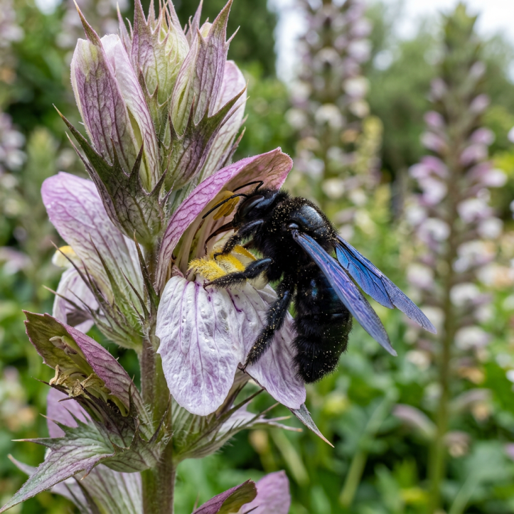 Carpenter bee with iridescent blue wings collecting pollen on a pale purple flower